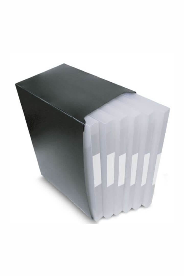 Caixa Organizadora de Mesa com 6 Pastas Aba Encaixe Lombada 2 cm Transparentes PP 24x32x24 cm Preto PlastPark