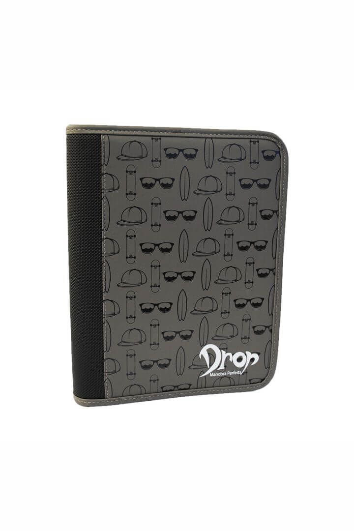 Fichário Costurado Ofício Drop com Zíper Lombo Preto com Textura PVC 28x36 cm Cinza PlastPark