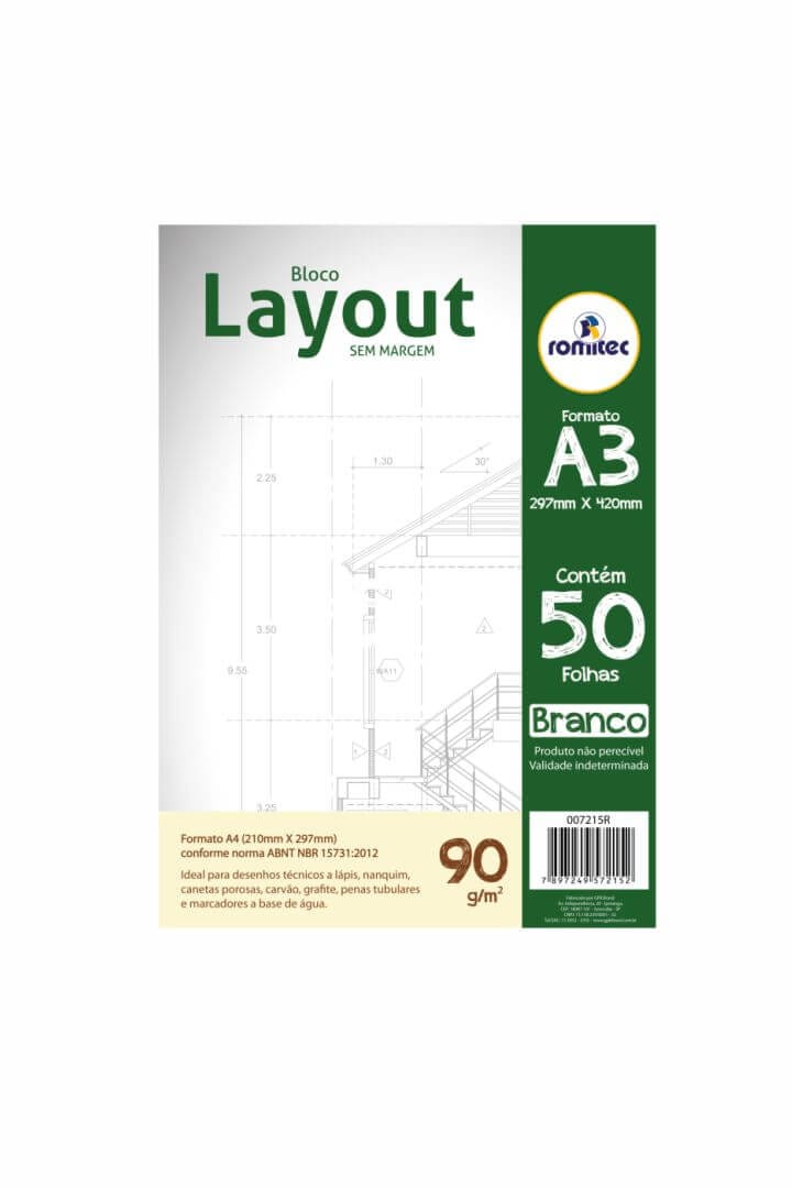 Bloco de Layout A3 50 Folhas Lisas de 90 g/m² 30x42 cm Branco Romitec