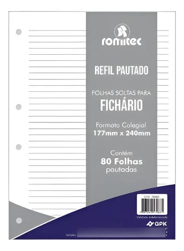 Refil para Fichário Colegial Pautado 80 Folhas 17x24 cm Branco Romitec