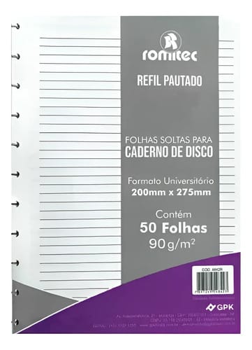Refil para Caderno de Disco Universitário Pautado 50 Folhas 90 g/m² 20x28 cm Branco Romitec