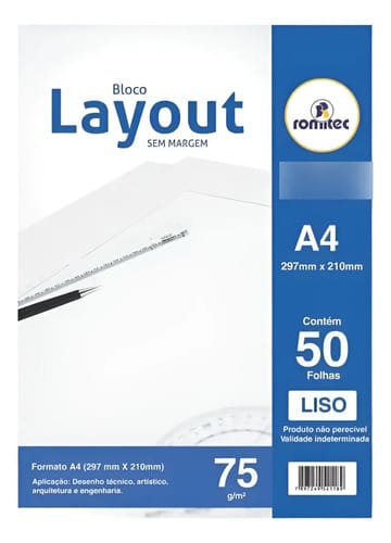 Bloco de Layout A4 50 Folhas Lisas de 75 g/m² 21x30 cm Branco 5 Unidades Romitec