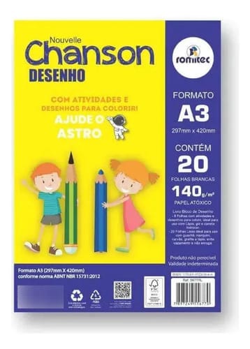 Bloco de Desenho Chanson A3 20 Folhas 140 g/m² 30x42 cm Branco Romitec