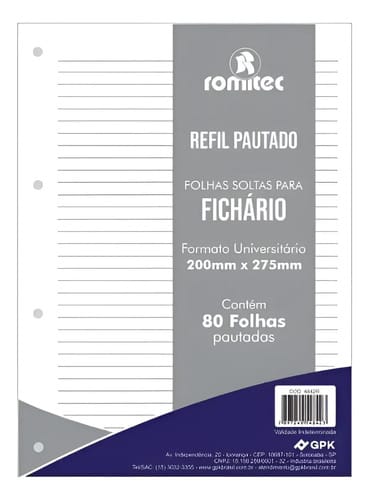 Refil para Fichário Universitário Pautado 80 Folhas 20x28 cm Branco Romitec
