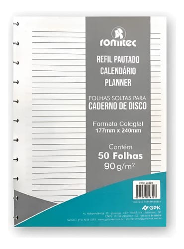 Refil para Caderno de Disco Colegial Planner 50 Folhas 90 g/m² 17x24 cm Branco Romitec