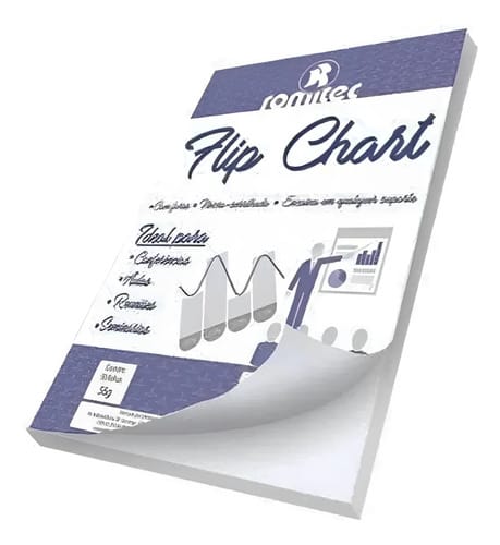 Bloco Flip Chart Papel Liso 56 g/m² 50 Folhas Microsserrilhadas Furação Universal 64x83 cm Branco Romitec