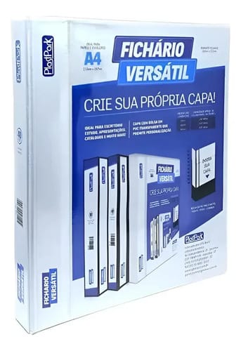 Fichário Personalizável A4 Lombada 4 cm 4 Argolas para 240 Folhas PVC 26x31 cm Branco PlastPark