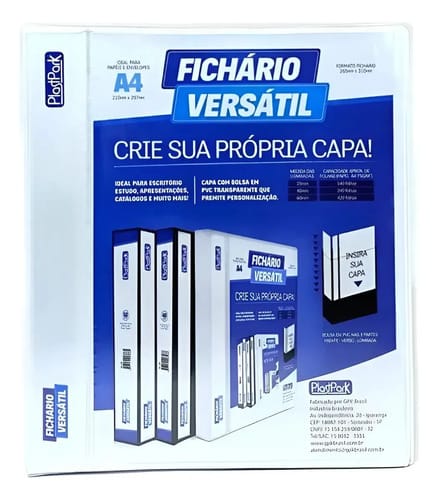 Fichário Personalizável A4 Lombada 4 cm 4 Argolas para 240 Folhas PVC 26x31 cm Branco PlastPark - Imagem 2