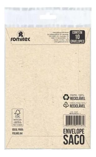 Envelope Saco 75 g/m² Rc41 Reciclado 31x41 cm Marrom 10 Unidades Romitec - Imagem 2