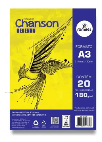 Bloco de Desenho Chanson A3 20 Folhas 180 g/m² 30x42 cm Branco Romitec