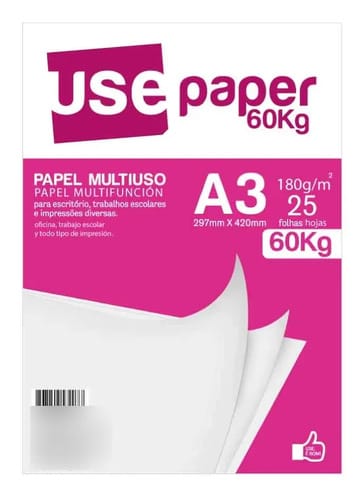 Papel Multiuso A3 60 Kg 180 g/m² Sulfite 25 Folhas 30x42 cm Branco Romitec