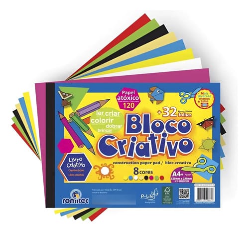 Bloco Criativo 8 Cores A4+ 120 Alta Gramatura 32 Folhas + Atividades 23,5x32,5 cm Sortido Romitec