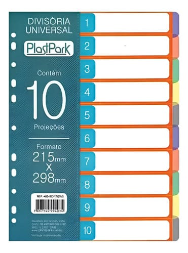 Divisória para Fichário Universitário/a4 com 10 Posições Furaçao Universal PP 22x30 cm Sortido PlastPark