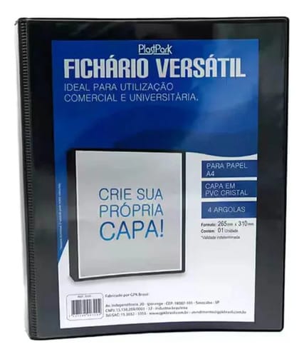 Fichário Personalizável A4 Lombada 4 cm 4 Argolas para 240 Folhas PVC 26x31 cm Preto PlastPark - Imagem 3