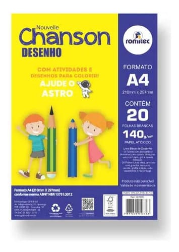 Bloco de Desenho Chanson A4 20 Folhas 140 g/m² 21x30 cm Branco Romitec