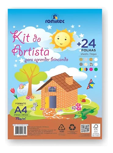 Kit do Artista A4 75 g/m² 24 Folhas Estampas e Cores Livro Criativo 22x30 cm Sortido Romitec