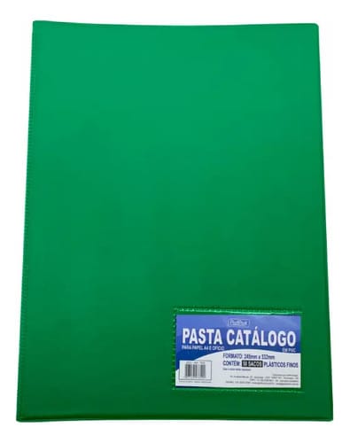 Pasta Catálogo Ofício com Visor 50 Sacos PP Ultra Transparente Capa PVC 4 Colchetes 24x33 cm Verde PlastPark