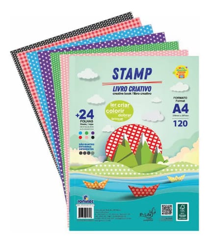 Stamp A4 120 g/m² 24 Folhas 4 Estampas 6 Cores Livro Criativo 22x30 cm Sortido Romitec