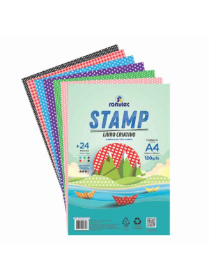 LIVRO DE ATIVIDADES CRIATIVO STAMP 120 GSM, PCT C/ 24 FLS, FORMATO A4, 4 ESTAMPAS E 6 CORES SORTIDAS