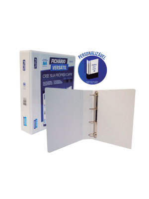 FICHÁRIO VERSÁTIL 60MM C/4 ARGOLAS, EM PVC BRANCO, CAPA E DORSO PERSONALIZÁVEL, CAPACIDADE P/420 FLS, FORMATO A4