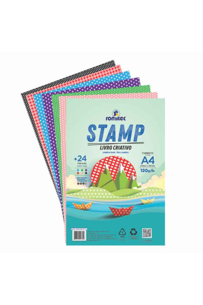 LIVRO DE ATIVIDADES CRIATIVO STAMP 120 GSM, PCT C/ 24 FLS, FORMATO A4, 4 ESTAMPAS E 6 CORES SORTIDAS