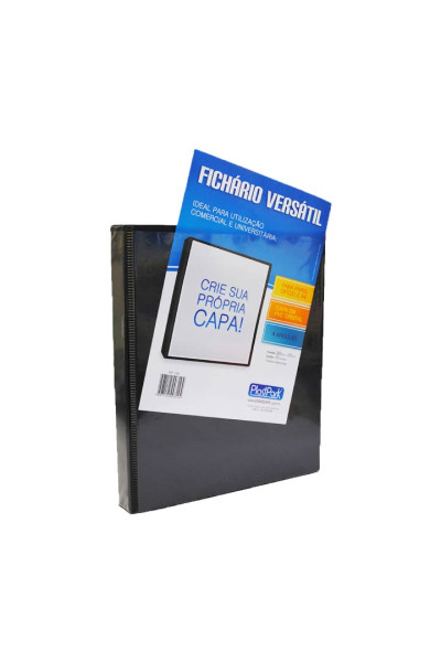 FICHÁRIO UNIVERSITÁRIO EM PVC, C/BOLSA EXTERNA PERSONALIZÁVEL, 4 ARGOLAS, DORSO 4 CM, PRETO