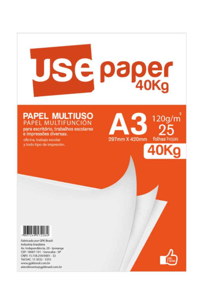 PAPEL SULFITE 120 GSM (40 KG), PCT C/25 FLS, FORMATO A3, BRANCO