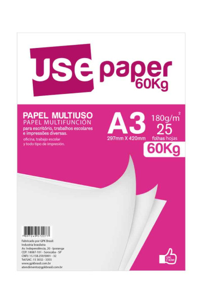 PAPEL SULFITE 180 GSM (60 KG), PCT C/25 FLS, FORMATO A3, BRANCO