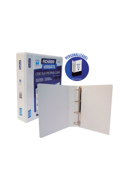 FICHÁRIO VERSÁTIL 40MM C/4 ARGOLAS, EM PVC BRANCO, CAPA E DORSO PERSONALIZÁVEL, CAPACIDADE P/240 FLS, FORMATO A4