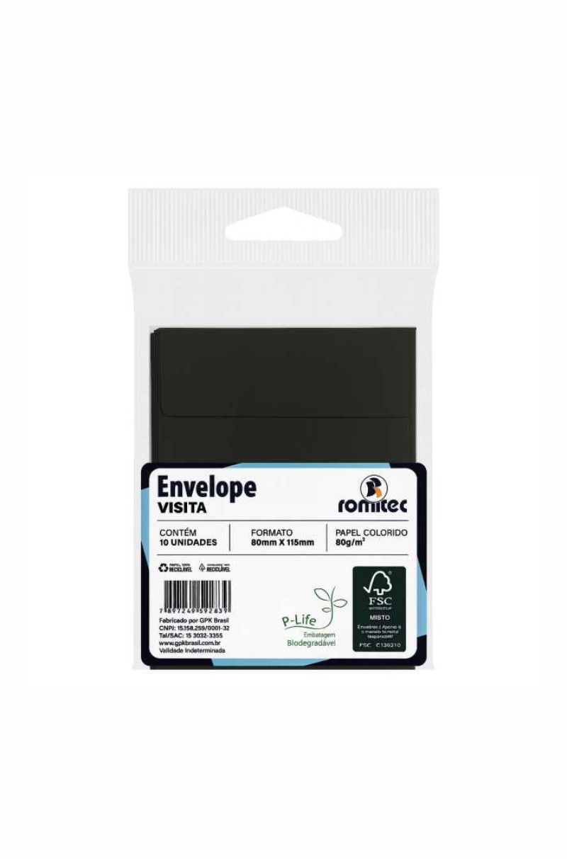ENVELOPE VISITA COLOR MAIS 80 GSM, EMBALAGEM EM PP 100% RECICLÁVEL, C/10 UNIDADES, PRETO, FORMATO 80MM X 115MM