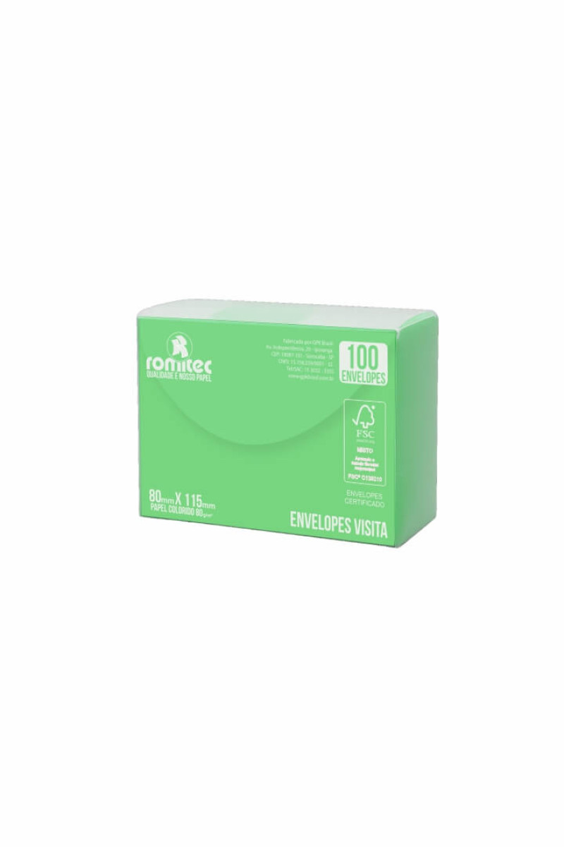 ENVELOPE VISITA COLOR MAIS 80 GSM, EMBALAGEM EM PP 100% RECICLÁVEL, C/100 UNIDADES, VERDE, FORMATO 80MM X 115MM