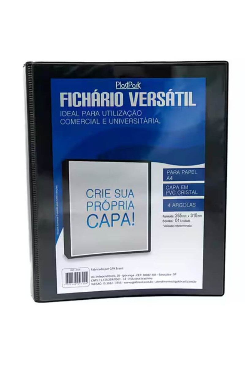 FICHÁRIO UNIVERSITÁRIO EM PVC, C/BOLSA EXTERNA PERSONALIZÁVEL, 4 ARGOLAS, DORSO 4 CM, PRETO
