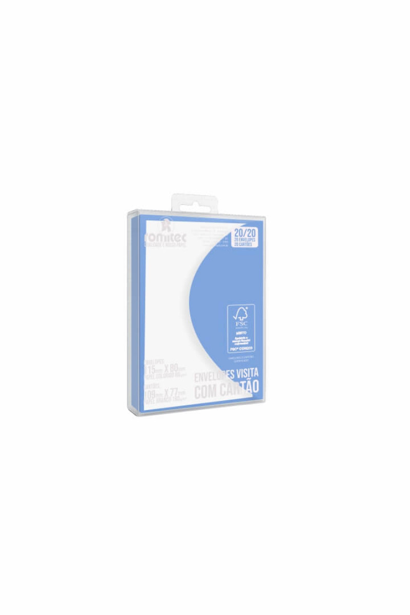 ENVELOPE VISITA C/CARTÃO COLOR MAIS 80GSM, EMBALAGEM EM PP 100% RECICLÁVEL, C/20 UNIDADES E 20 CARTÕES 180GSM, AZUL ROYAL, FORMATO 80MM X 115MM
