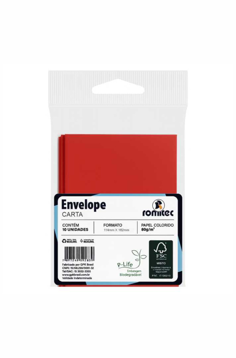 ENVELOPE CARTA COLOR MAIS, 80 GSM, EMBALAGEM EM PP 100% RECICLÁVEL, C/10 UNIDADES, VERMELHO, FORMATO 114MM X 162MM