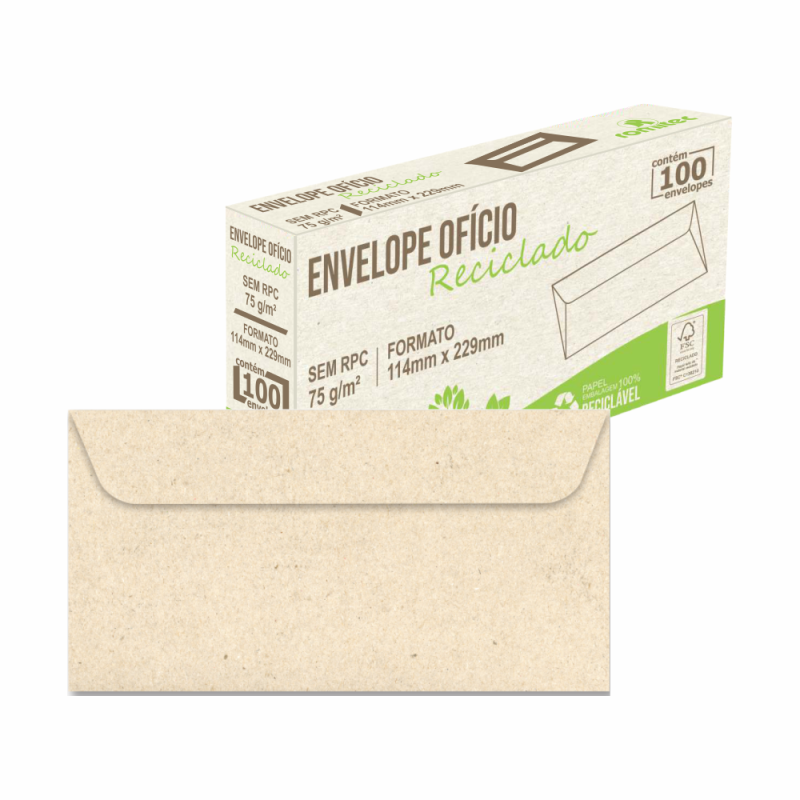 ENVELOPE OFICIO LISO, 75 GSM, 100% RECICLADO, 114MM X 229MM, CX C/100