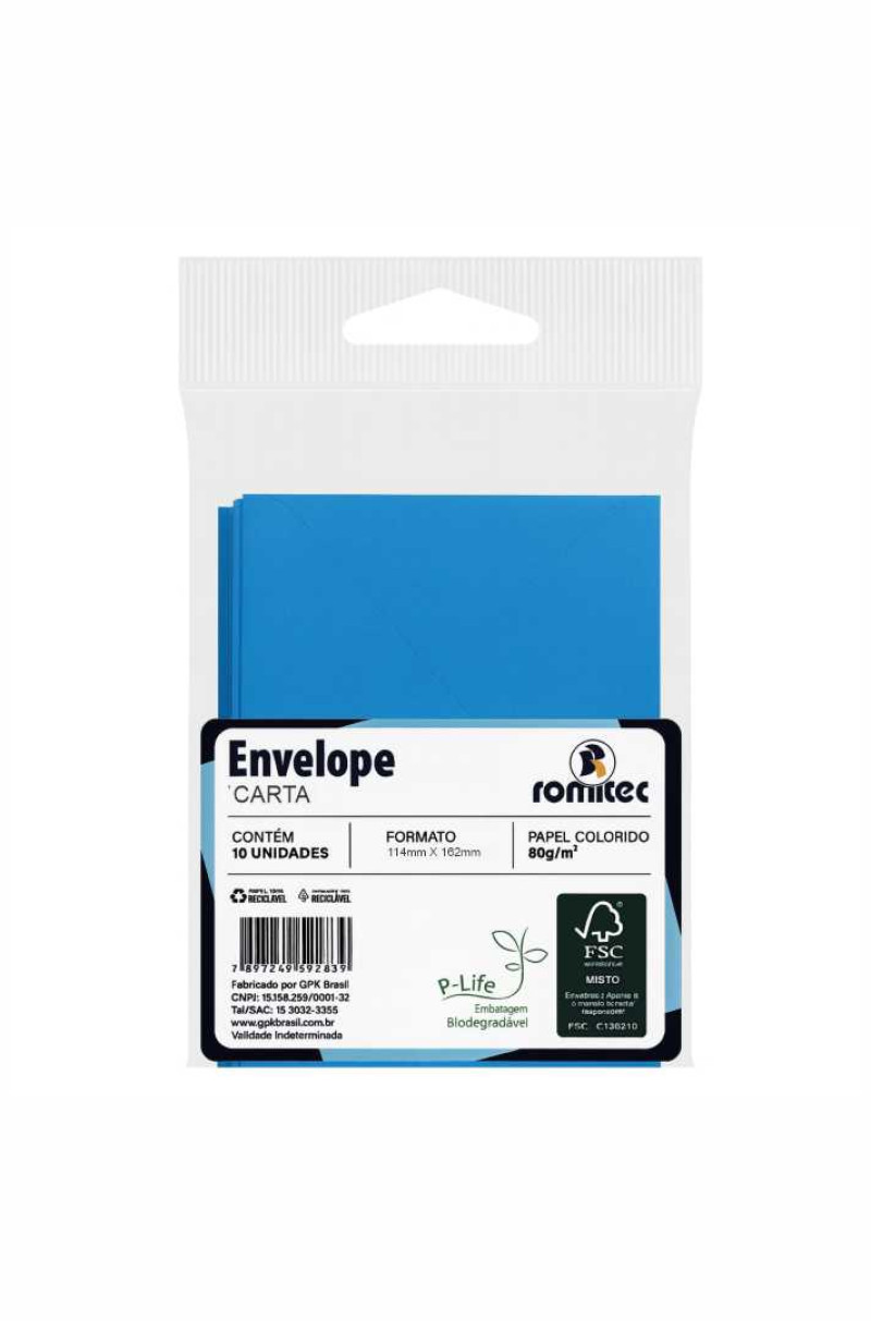 ENVELOPE CARTA COLOR MAIS, 80 GSM, EMBALAGEM EM PP 100% RECICLÁVEL, C/10 UNIDADES, AZUL ROYAL, FORMATO 114MM X 162MM