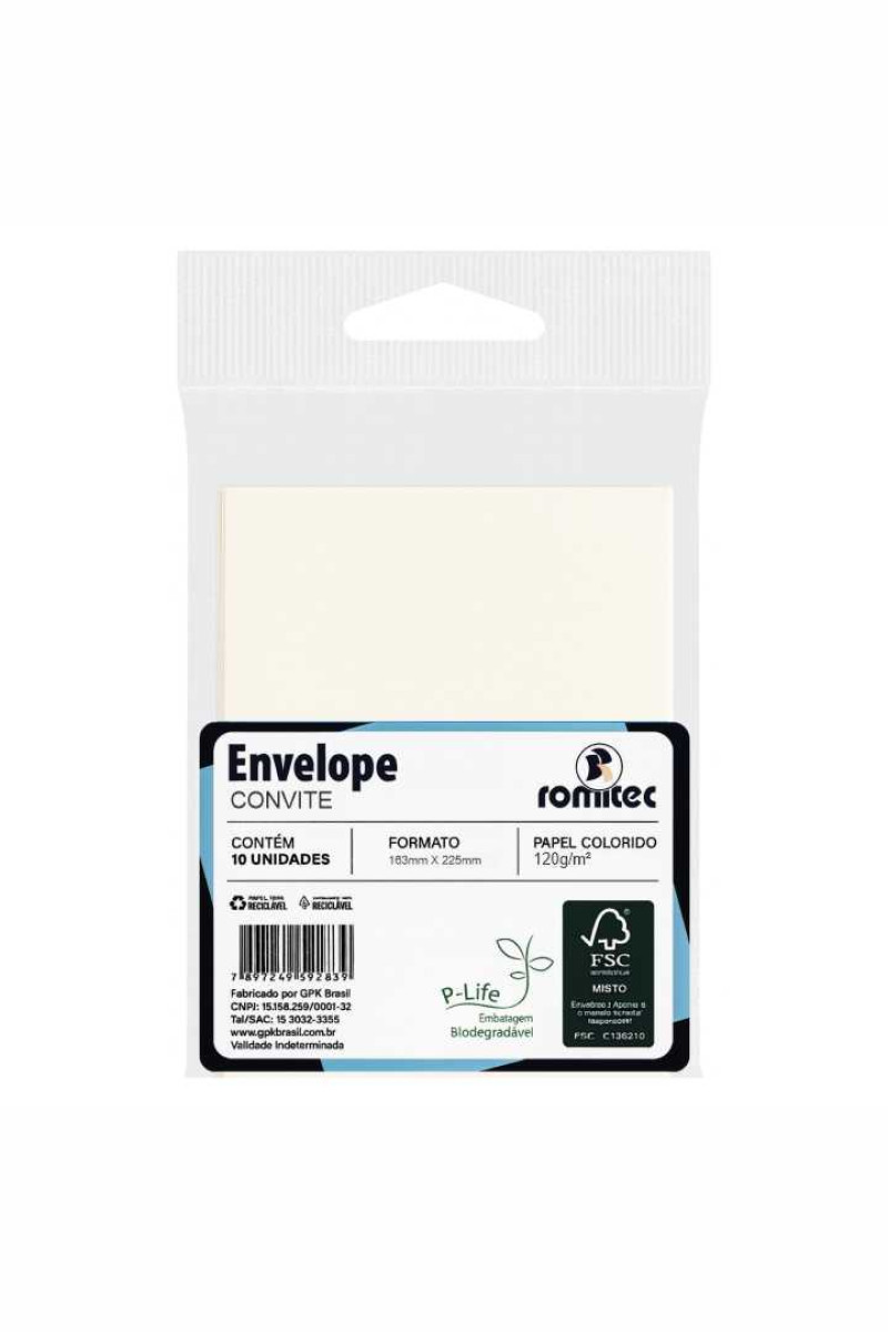 ENVELOPE P/CONVITE TEXTURA LINHO, 120GSM, EMBALAGEM EM PP 100% RECICLÁVEL, C/10 UNIDADES, BRANCO, FORMATO 163MM X 225MM