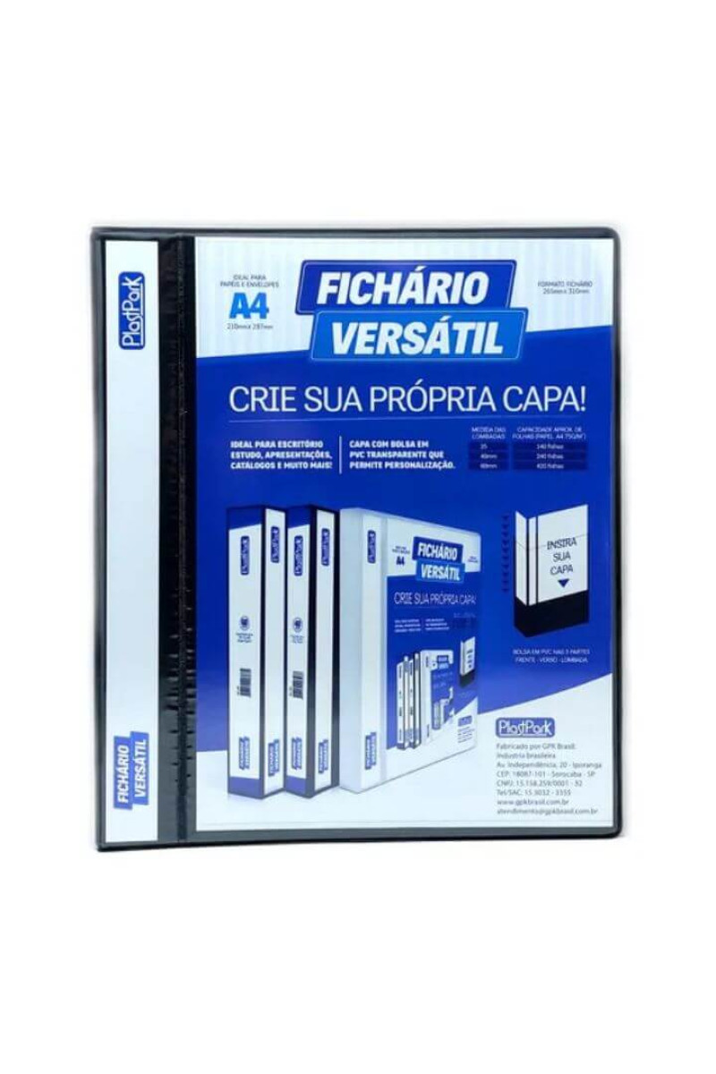 FICHÁRIO VERSÁTIL 40MM, C/4 ARGOLAS, EM PVC PRETO, CAPA E DORSO PERSONALIZÁVEL, CAPACIDADE P/240 FLS, FORMATO A4