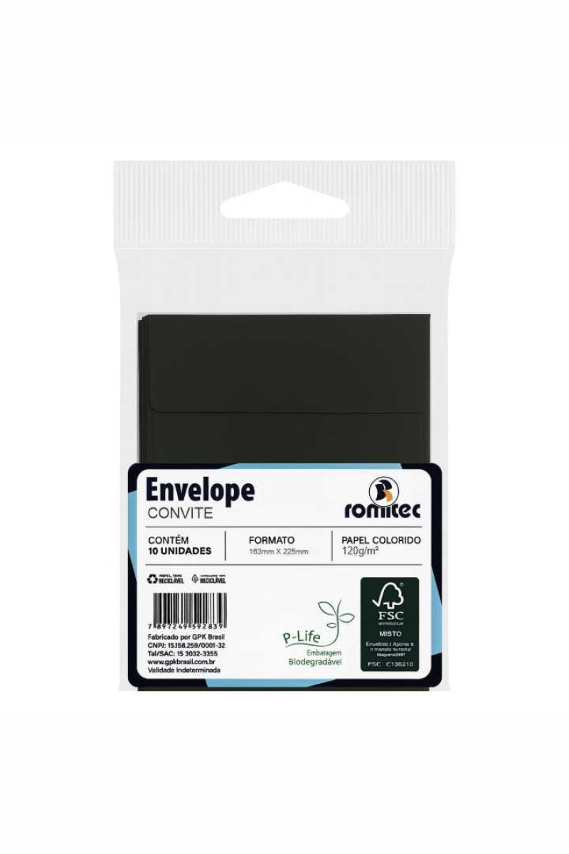 ENVELOPE PARA CONVITE 120GSM, EMBALAGEM EM PP 100% RECICLÁVEL, C/10 UNIDADES, PRETO, FORMATO 163MM X 225MM 