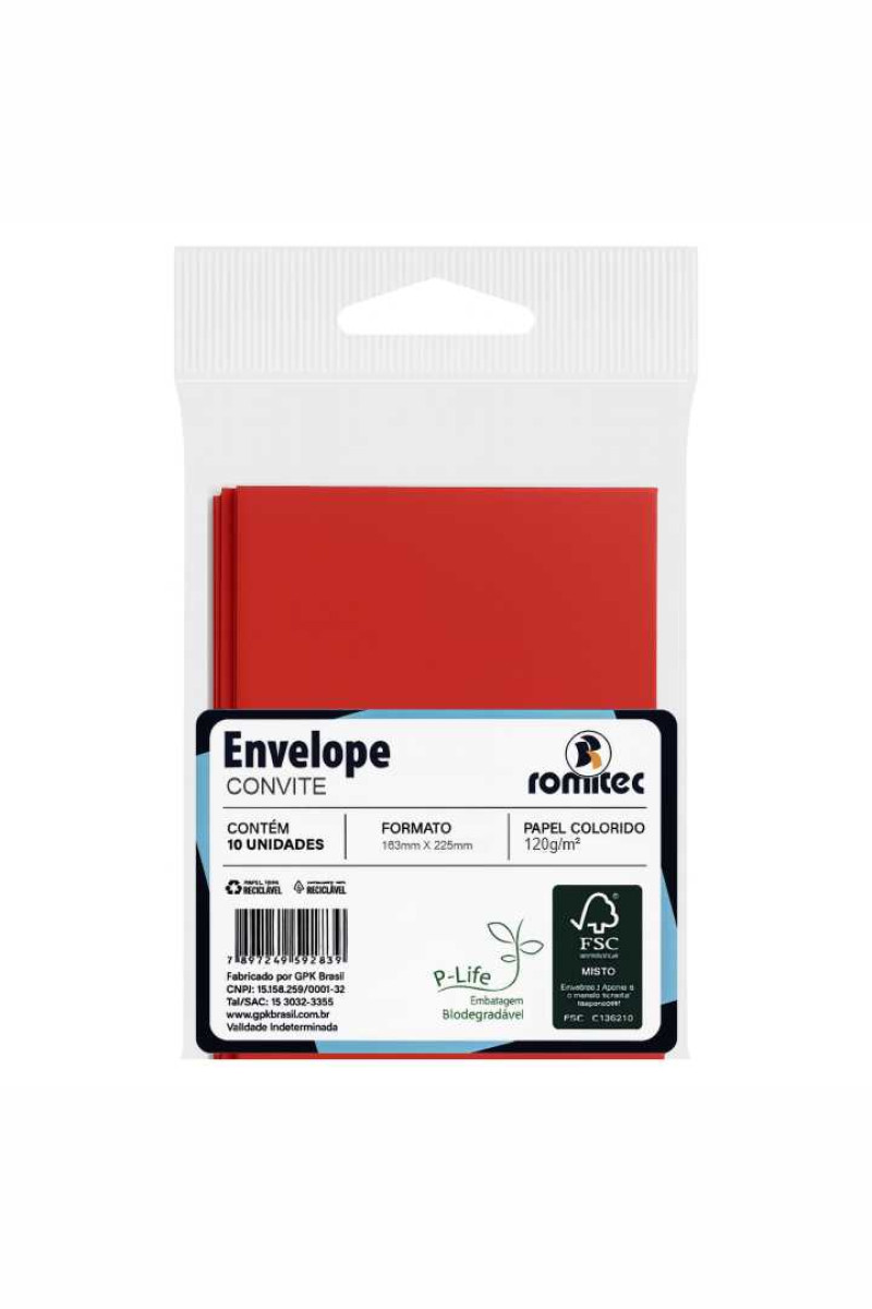 ENVELOPE P/CONVITE TEXTURA CASCA DE OVO, 120GSM, EMBALAGEM EM PP 100% RECICLÁVEL, C/10 UNIDADES, VERMELHO, FORMATO 163MM X 225MM