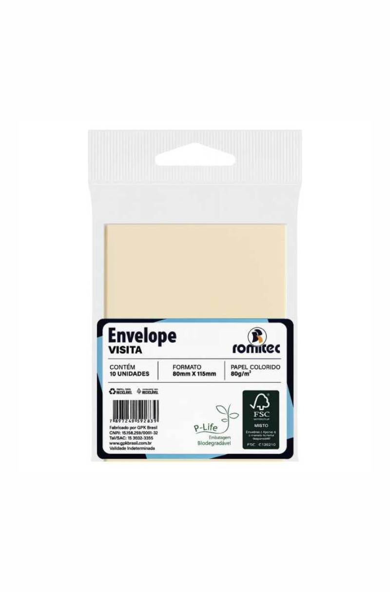 ENVELOPE VISITA 80 GSM, VERGÊ, EMBALAGEM EM PP 100% RECICLÁVEL, C/10 UNIDADES, COR BERILO, FORMATO 80MM X 115MM