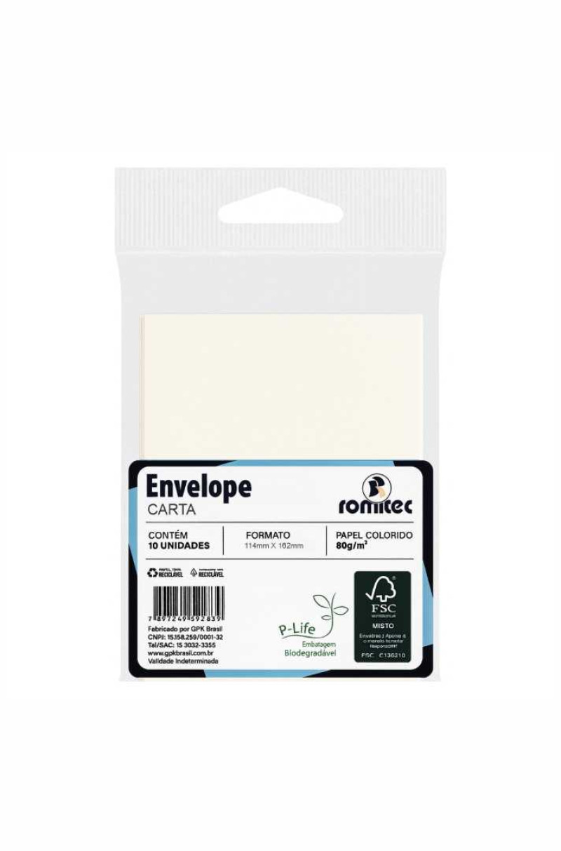 ENVELOPE CARTA VERGÊ, 80 GSM, EMBALAGEM EM PP 100% RECICLÁVEL, C/10 UNIDADES, BRANCO DIAMANTE, FORMATO 114MM X 162MM