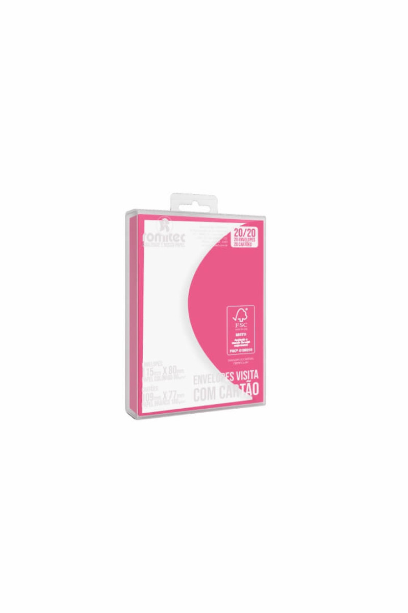 ENVELOPE VISITA C/CARTÃO COLOR MAIS 80GSM, EMBALAGEM EM PP 100% RECICLÁVEL, C/20 UNIDADES E 20 CARTÕES 180GSM, PINK, FORMATO 80MM X 115MM