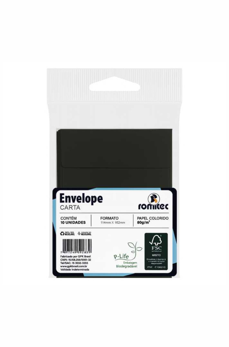 ENVELOPE CARTA COLOR MAIS, 80 GSM, EMBALAGEM EM PP 100% RECICLÁVEL, C/10 UNIDADES, PRETO, FORMATO 114MM X 162MM