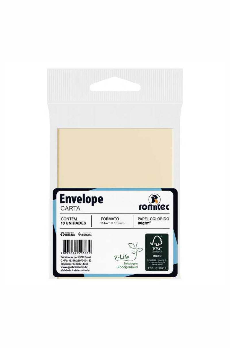 ENVELOPE CARTA VERGÊ, 80 GSM, EMBALAGEM EM PP 100% RECICLÁVEL, C/10 UNIDADES, BERILO, FORMATO 114MM X 162MM