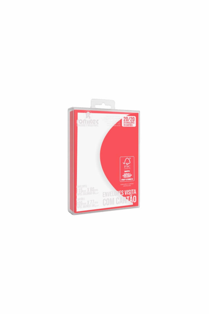 ENVELOPE VISITA C/CARTÃO COLOR MAIS 80GSM, EMBALAGEM EM PP 100% RECICLÁVEL, C/20 UNIDADES E 20 CARTÕES 180GSM, VERMELHO, FORMATO 80MM X 115MM