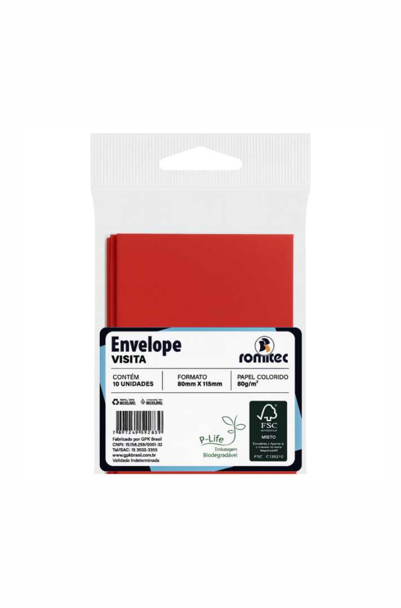 ENVELOPE VISITA COLOR MAIS 80 GSM, EMBALAGEM EM PP 100% RECICLÁVEL, C/10 UNIDADES, VERMELHO, FORMATO 80MM X 115MM