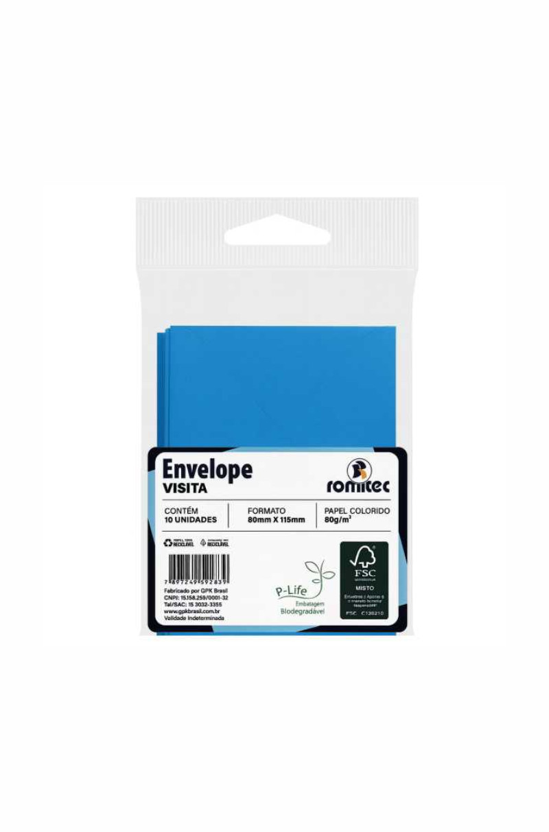 ENVELOPE VISITA COLOR MAIS 80 GSM, EMBALAGEM EM PP 100% RECICLÁVEL, C/10 UNIDADES, AZUL ROYAL, FORMATO 80MM X 115MM